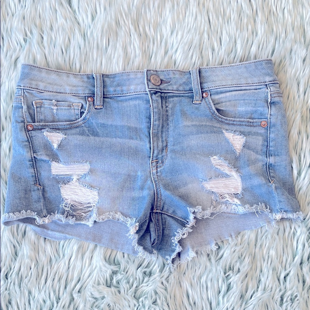 American Eagle Outfitters Light Blue Distressed “Shortie” Jean Shorts, Size 10